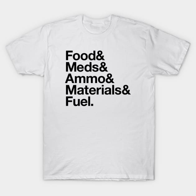 State Of Decay Helvetica Dark: Food Meds Ammo Materials Fuel T-Shirt by Vincent Garguilo